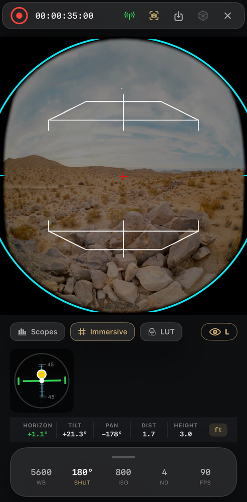 Immersive viewfinder — 180° fisheye frame with reticle, horizon level and live readouts