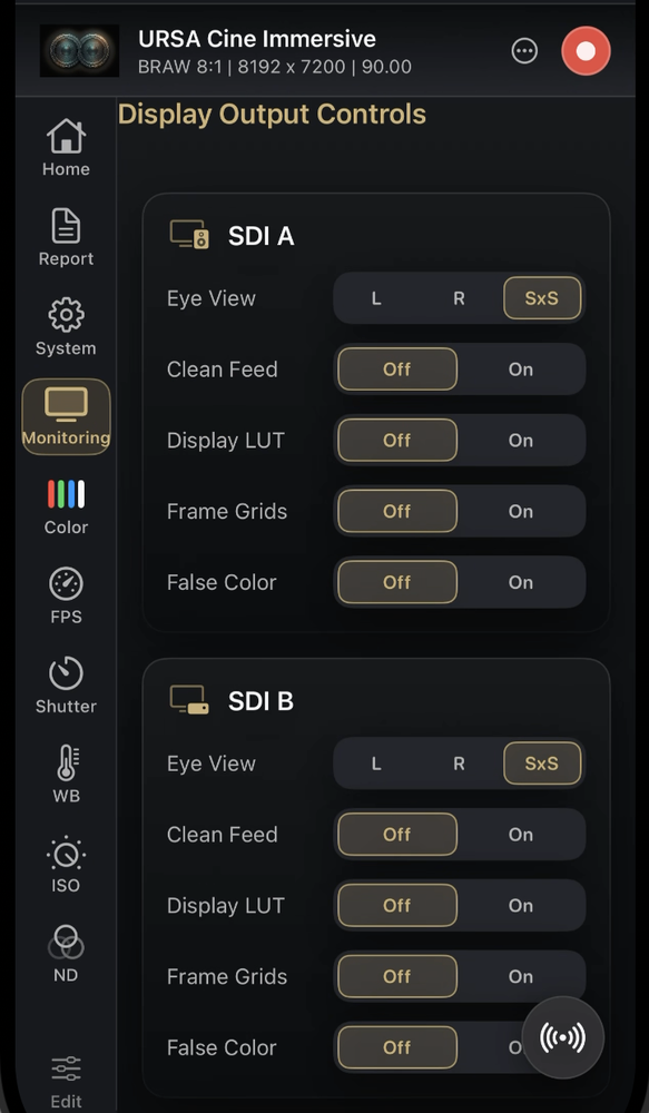Display output controls — SDI routing, clean feed, LUT, false color